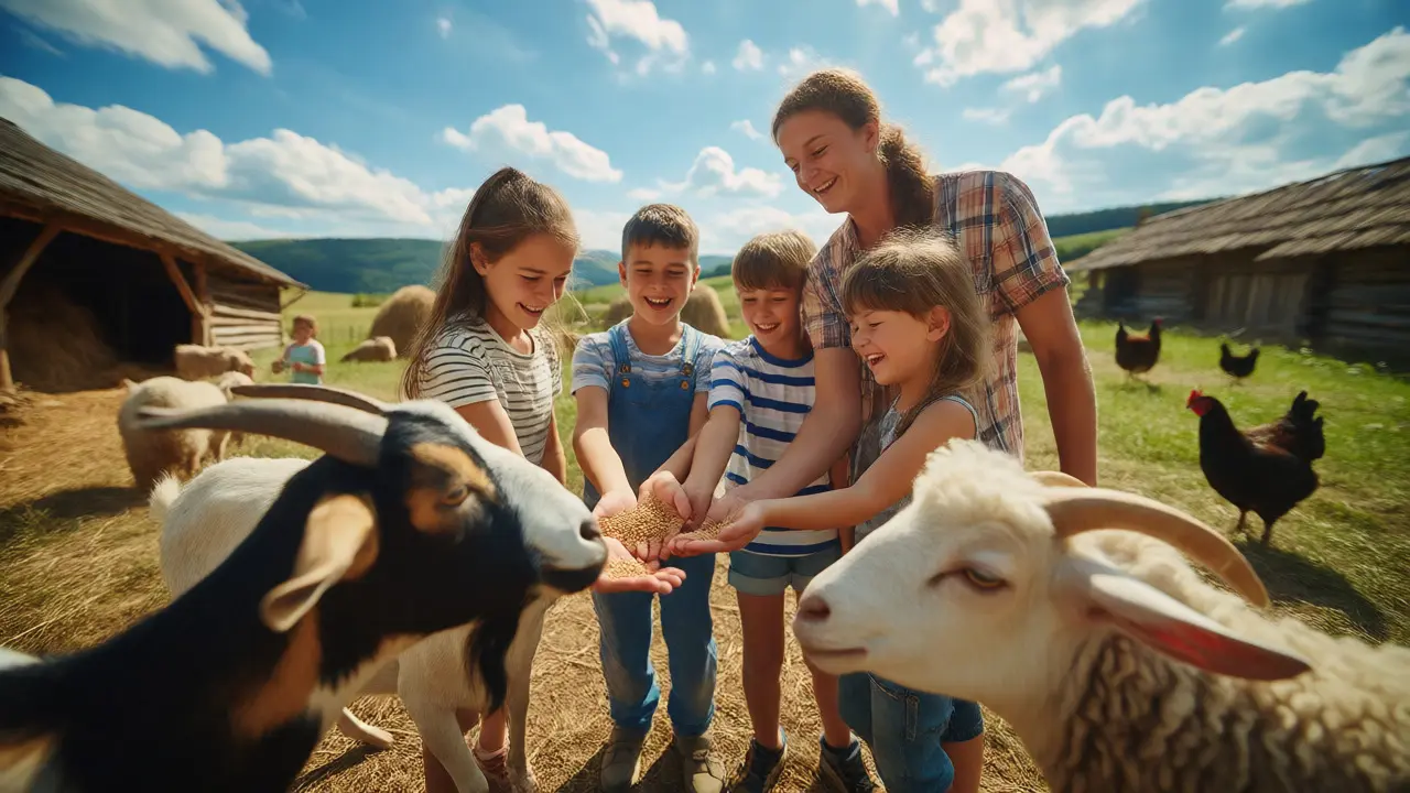 Rodina krmí kozy a ovce na tradiční farmě