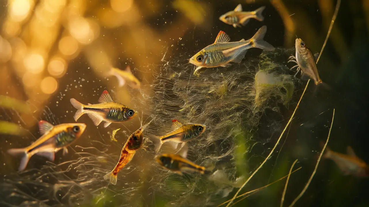 Ryby okusují biofilm z povrchu skla jako zdroj potravy v ustáleném akváriu