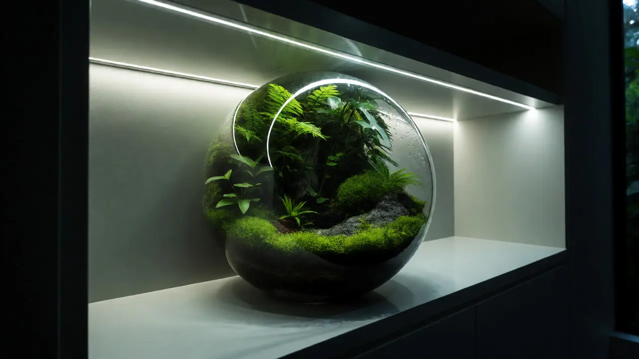 Svítící uzavřené terárium s miniaturou tropického pralesa pod LED světlem.