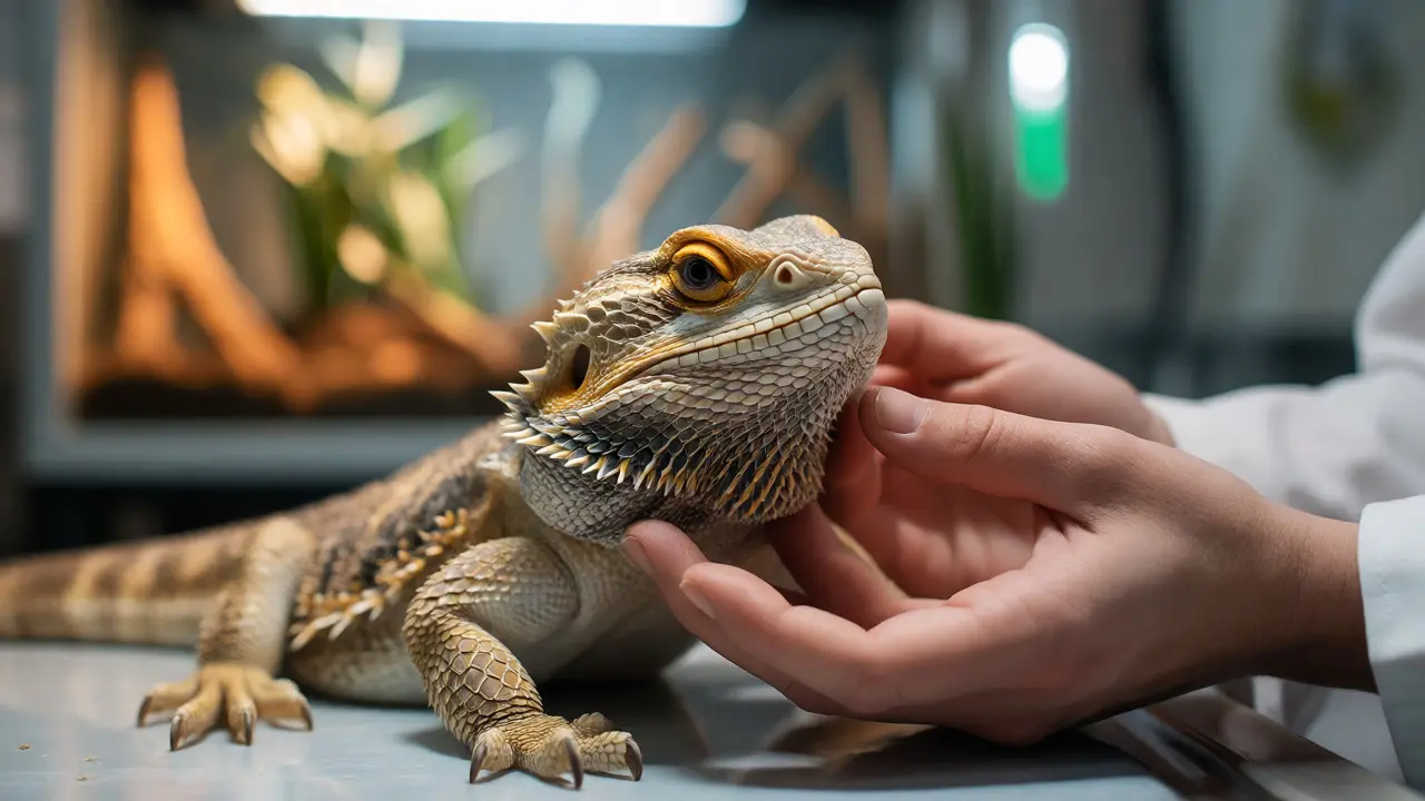 Vet examining a lethargic bearded dragon for poisoning