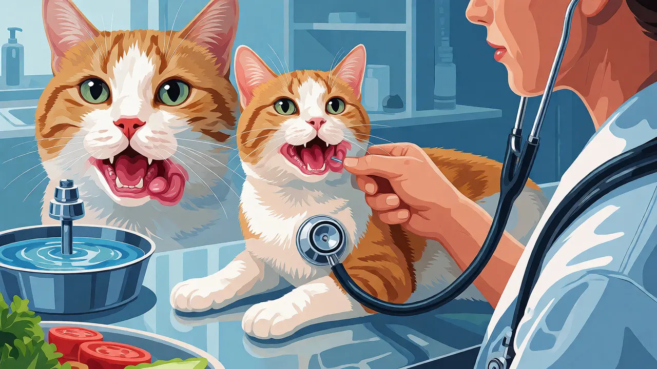 Veterinář zkoumá dásně a srdce kočky při preventivní prohlídce